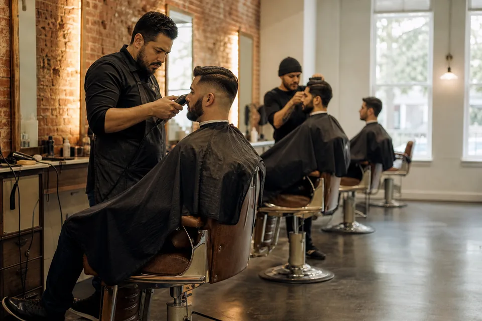 Barber trimming a client's fade in a busy barbershop with a row of occupied chairs