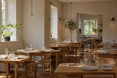 Restaurant dining room with set tables