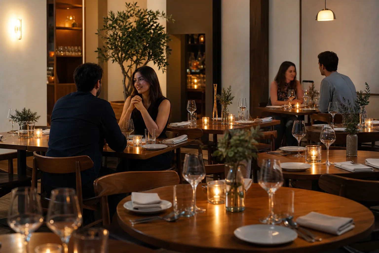 Restaurant dining room with tables set for dinner service