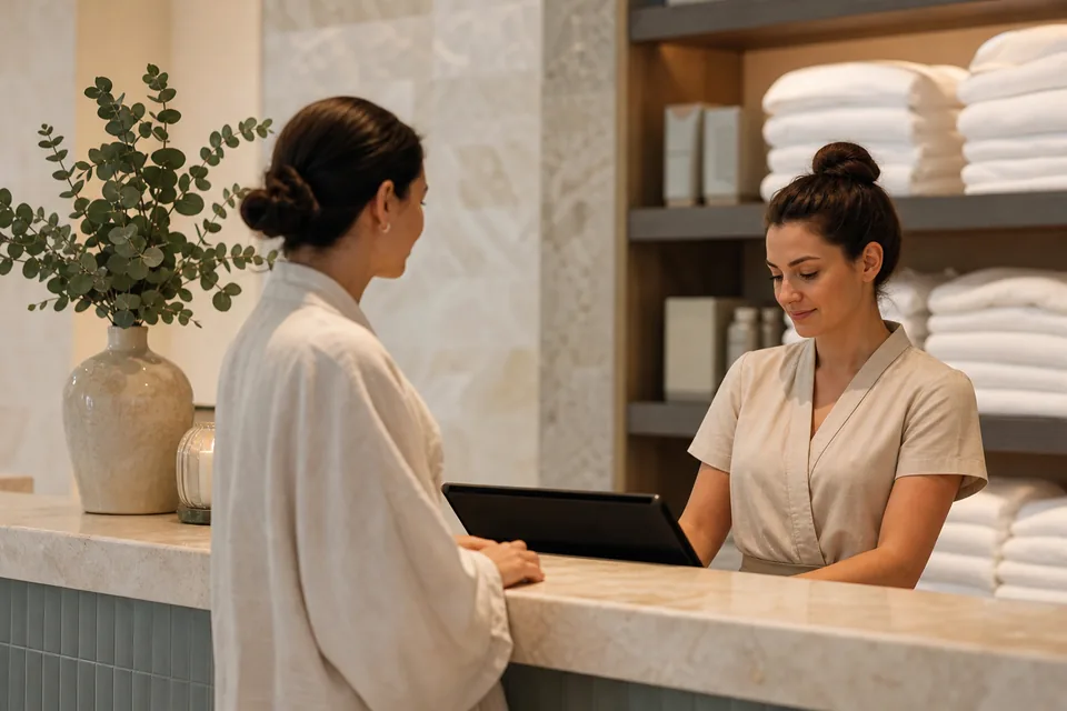 Spa manager checking in a client at a day spa reception desk