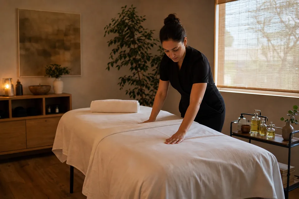 Therapist preparing a massage table in a day spa treatment room