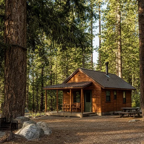 Small timber cabin at a campground among pine trees