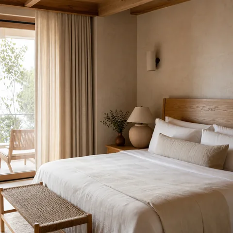 Calm boutique hotel room with made bed