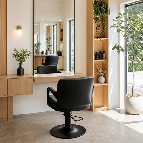 Bright hair salon with a styling chair and mirror